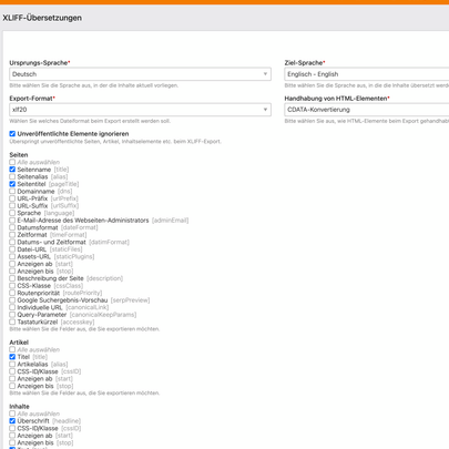 Export-Einstellungen für die XLIFF-Übersetzung